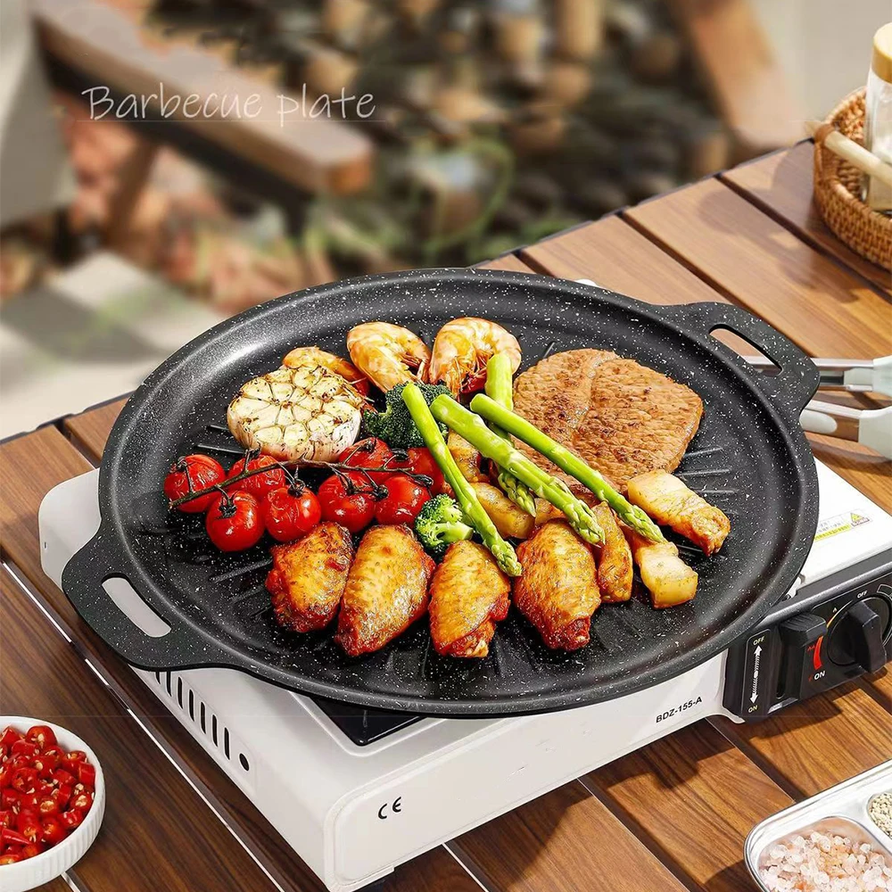 Outdoor Camping Kitchen - 34 センチメートル屋外バーベキューグリルパンノンスティックベーキングトレイ韓国バーベキューロースティググリルプレートキャンプポットフライパンキッチン調理器具