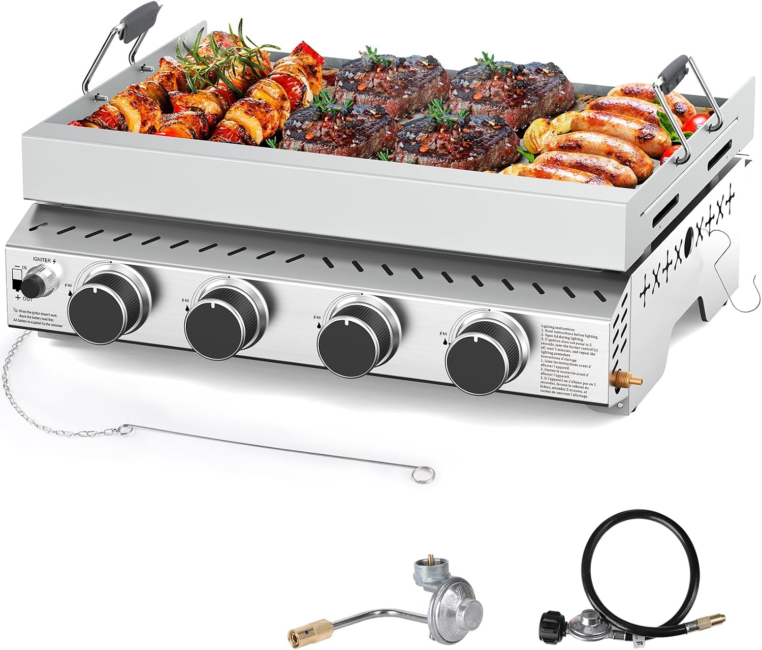 Outdoor Camping Grill - ポータブル4バーナー ステンレス鋼BBQグリドル、32000 BTUプロパンガスグリル、ノンスティックグリッド付き、屋外キャンプピクニック用