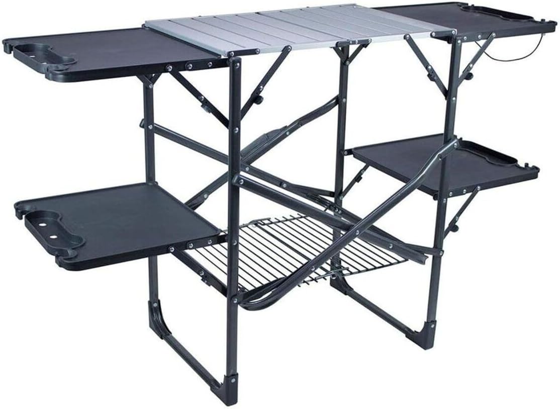 Outdoor Camping Kitchen - スリム折りたたみ式ポータブルキャンプキッチンテーブル、耐熱トップサイドシェルフ、収納ラック、ペーパータオルホルダー、ピクニックや屋外調理用クックステーション（ブラック）