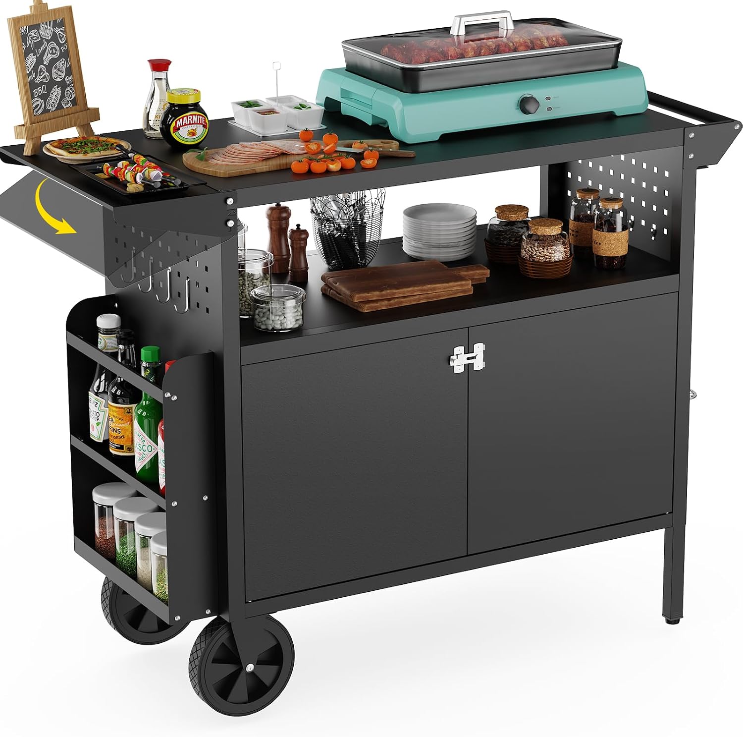 Outdoor Camping Kitchen - 屋外グリルカートテーブル、収納付きキッチンアイランド、ホイール付き折りたたみ式テーブルトップ、バーベキュー用食品準備ステーション、頑丈な金属グリドルカウンタートップ、パティオやキャンプ用