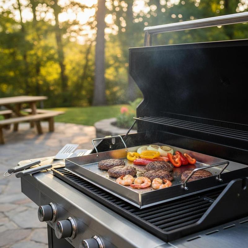 Outdoor Camping Kitchen - ユニバーサルフラットトップグリドル 18x16インチ キャンプ、テールゲーティングパーティー用、長方形ホットプレート ファミリー調理器具 内蔵ハンドル ガスグリルアタッチメント