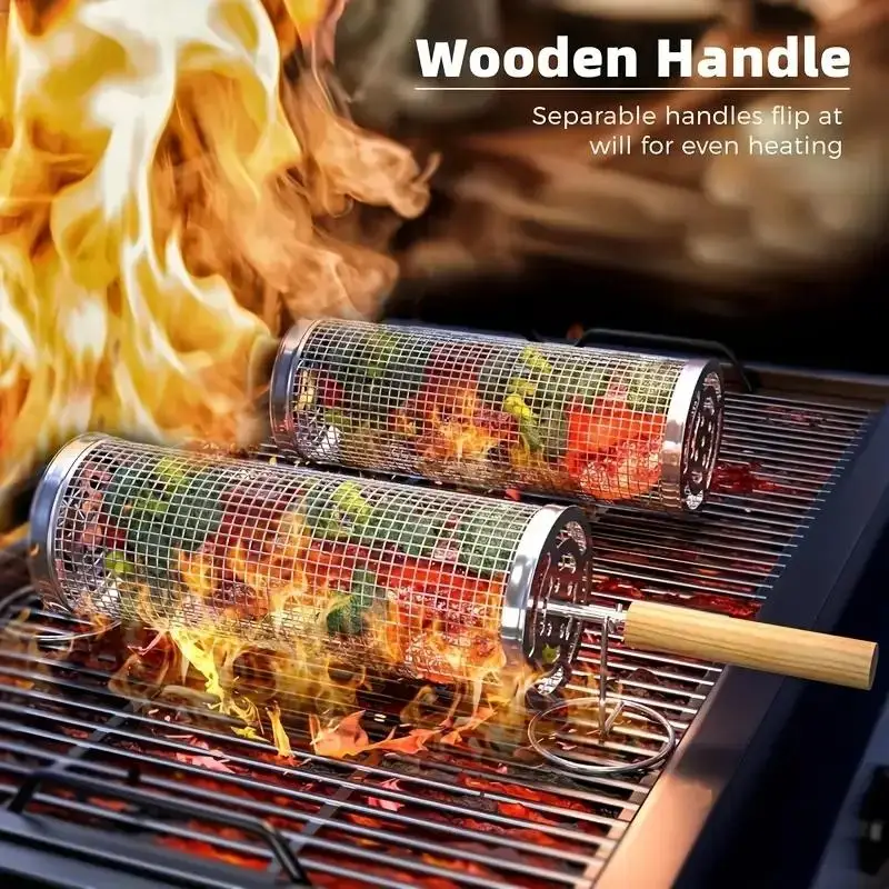 Outdoor Camping Grill - ステンレス製BBQグリルバスケット、丸型回転シリンダーケージ、肉・野菜・魚用ワイヤーメッシュ回転ラック、屋外キャンプピクニック用