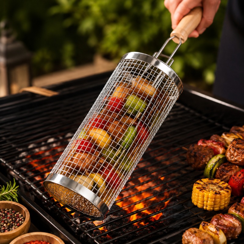 Outdoor Camping Grill - 丸型バーベキューグリルバスケットセット ステンレス製回転式スチールメッシュチューブ ハンドル付きバーベキューグリル アウトドアキャンプに欠かせないアイテム
