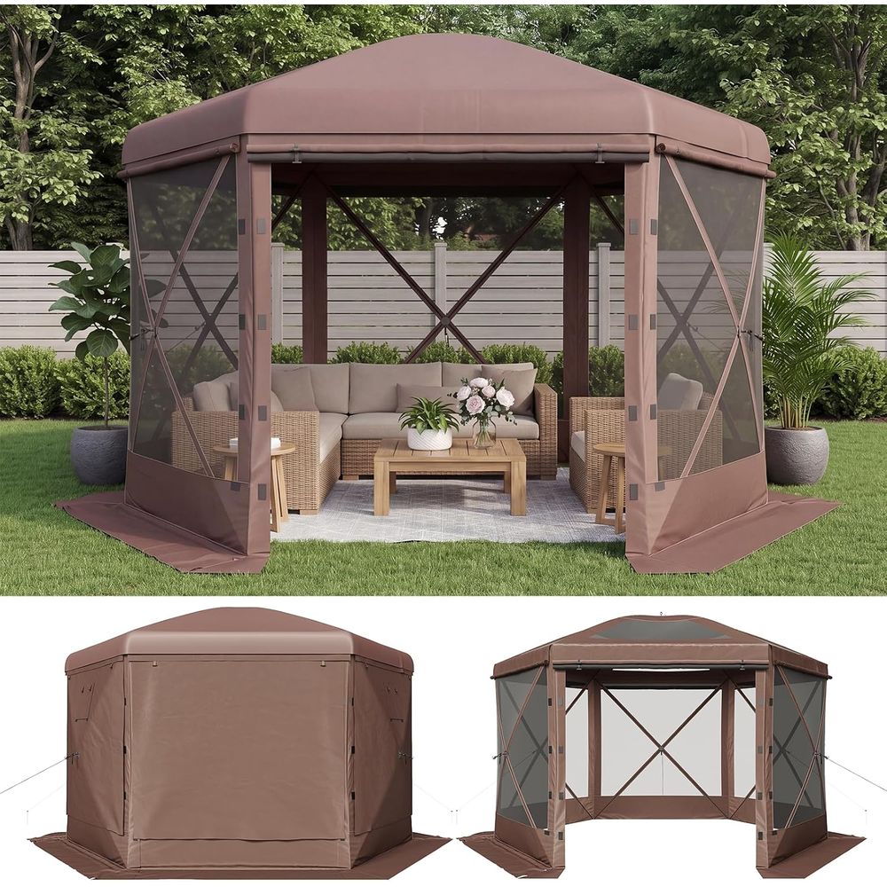Outdoor Camping House - 1212 t -アップテント、取り外し可能なトップ付き6面ガゼボ、メッシュ窓付きポータブルキャンプシェルター、屋内または屋外パティオ用、B