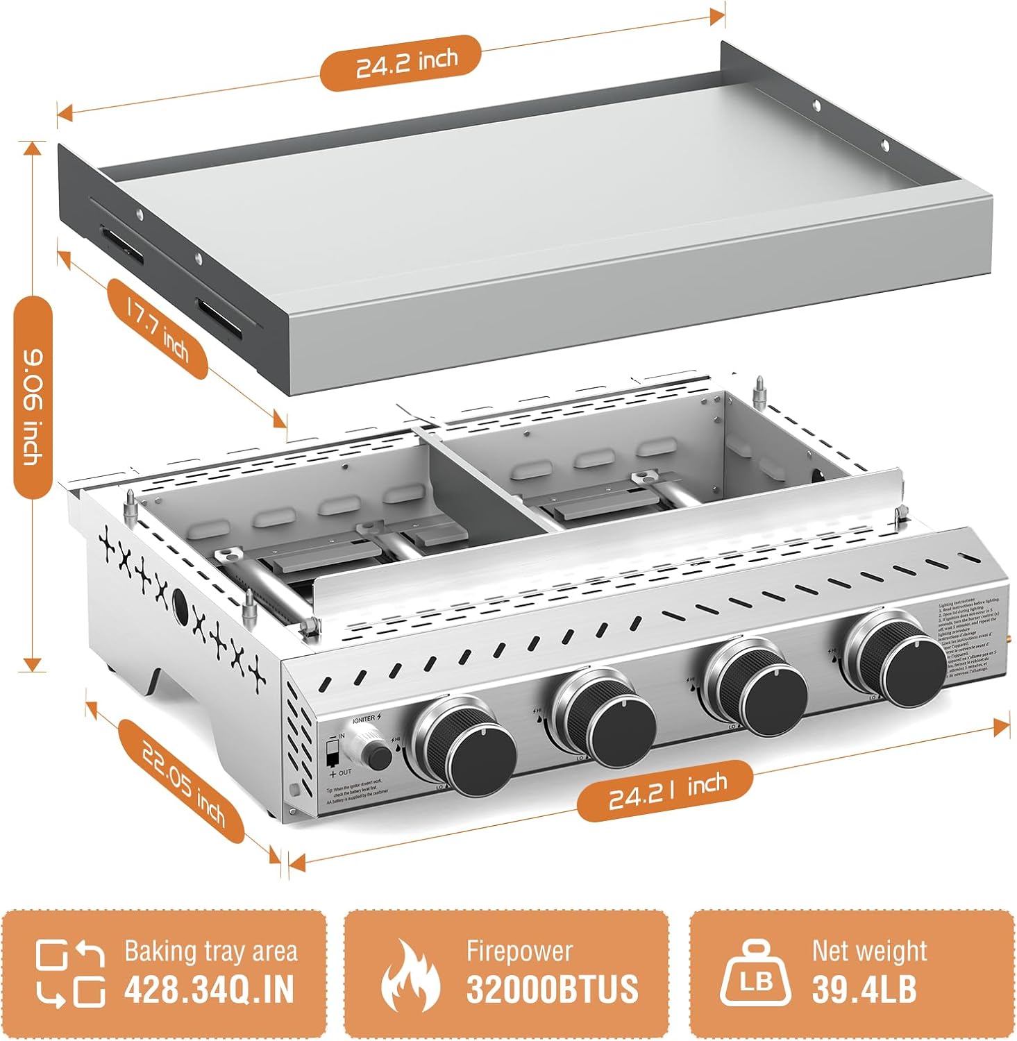 ポータブル4バーナー ステンレス鋼BBQグリドル、32000 - Outdoor Camping Grill のレビューと価格