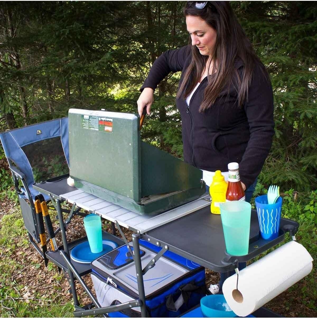 スリム折りたたみ式ポータブルキャンプキッチンテーブル、耐熱ト - Outdoor Camping Kitchen のレビューと価格