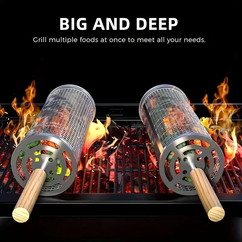 ステンレス製BBQグリルバスケット、丸型回転シリンダーケージ - Outdoor Camping Grill のレビューと価格