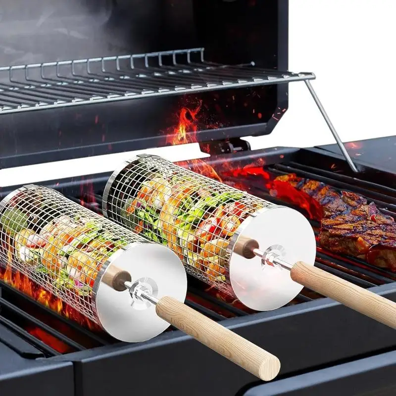 ステンレス製BBQグリルバスケット、丸型回転シリンダーケージ - Outdoor Camping Grill のレビューと価格