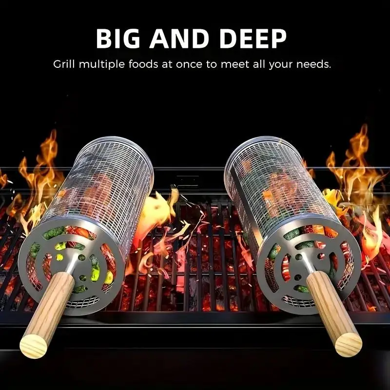 ステンレス製BBQグリルバスケット、丸型回転シリンダーケージ - Outdoor Camping Grill のレビューと価格